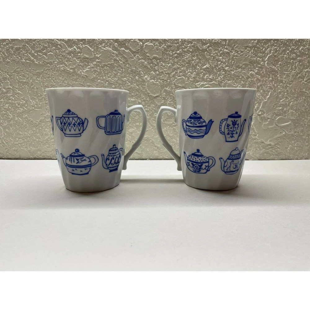 SET OF 2 Blue Tea Pot Carafe Collection Cup White Coffee Mug 4" Tall